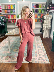 All Day Ease Ribbed Top and Pants Set - Rust