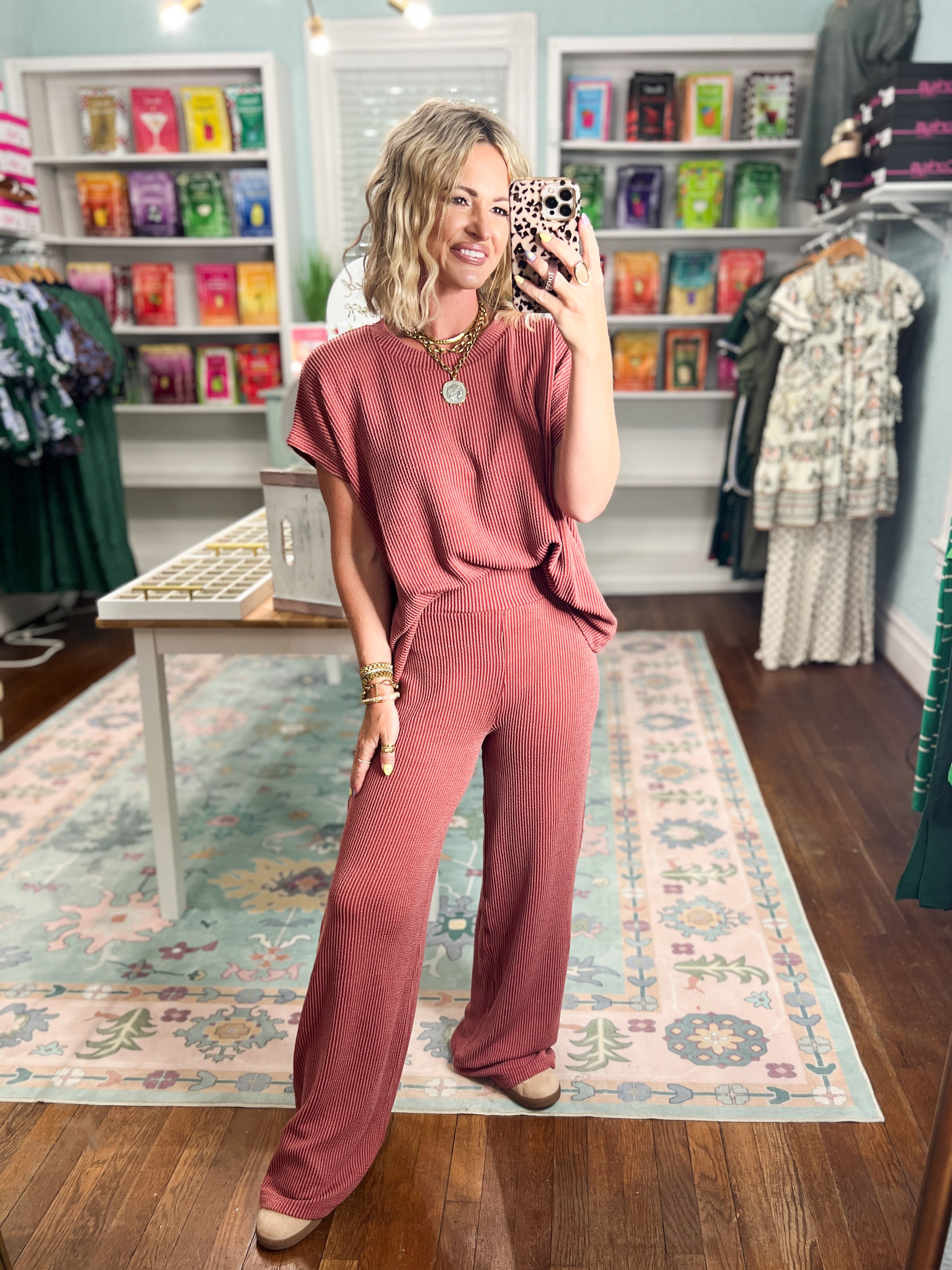 All Day Ease Ribbed Top and Pants Set - Rust