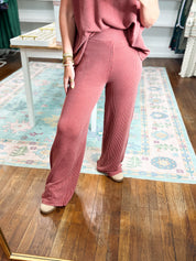 All Day Ease Ribbed Top and Pants Set - Rust
