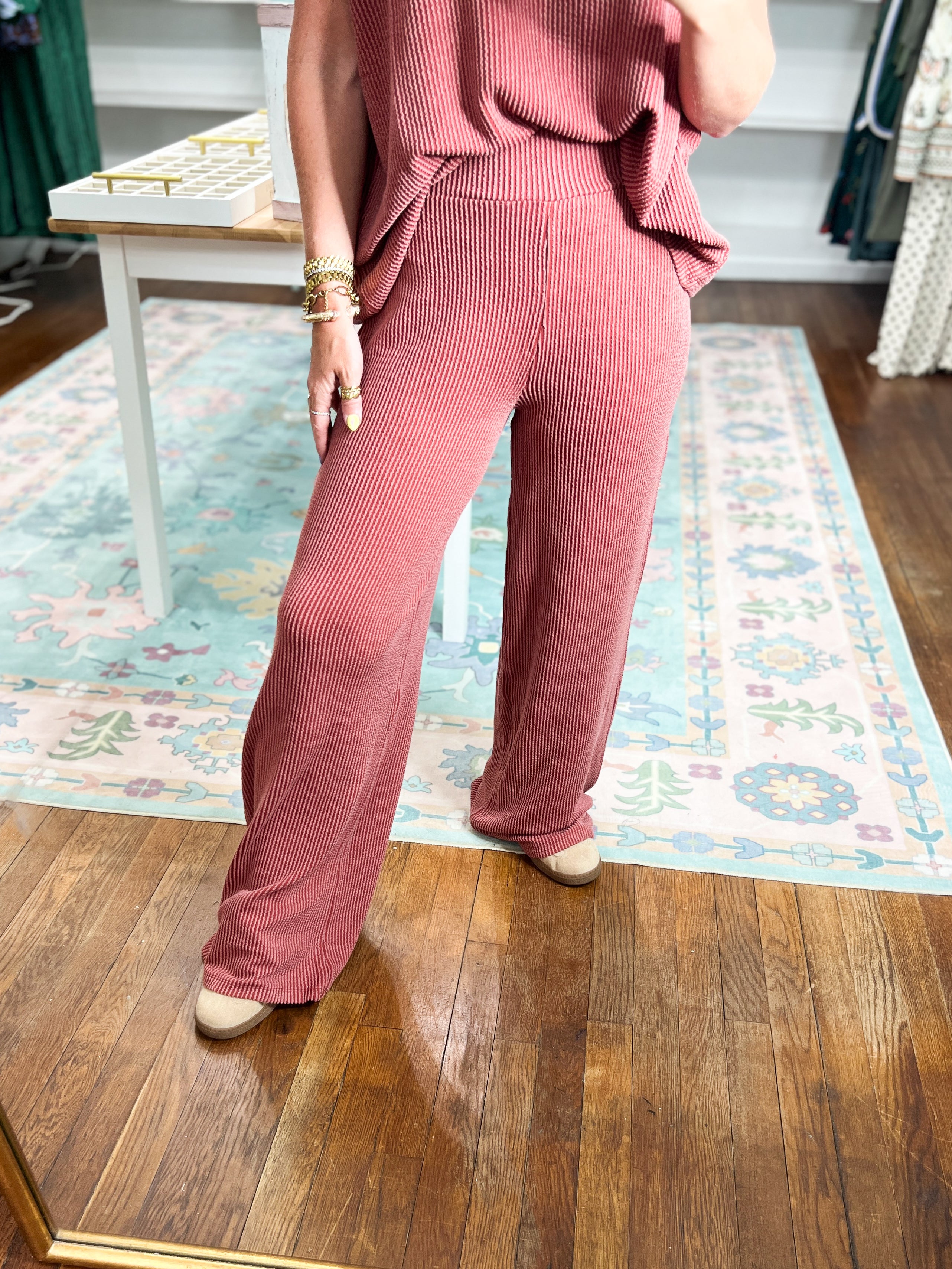 All Day Ease Ribbed Top and Pants Set - Rust