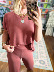 All Day Ease Ribbed Top and Pants Set - Rust