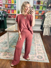 All Day Ease Ribbed Top and Pants Set - Rust