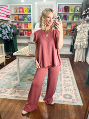 All Day Ease Ribbed Top and Pants Set - Rust