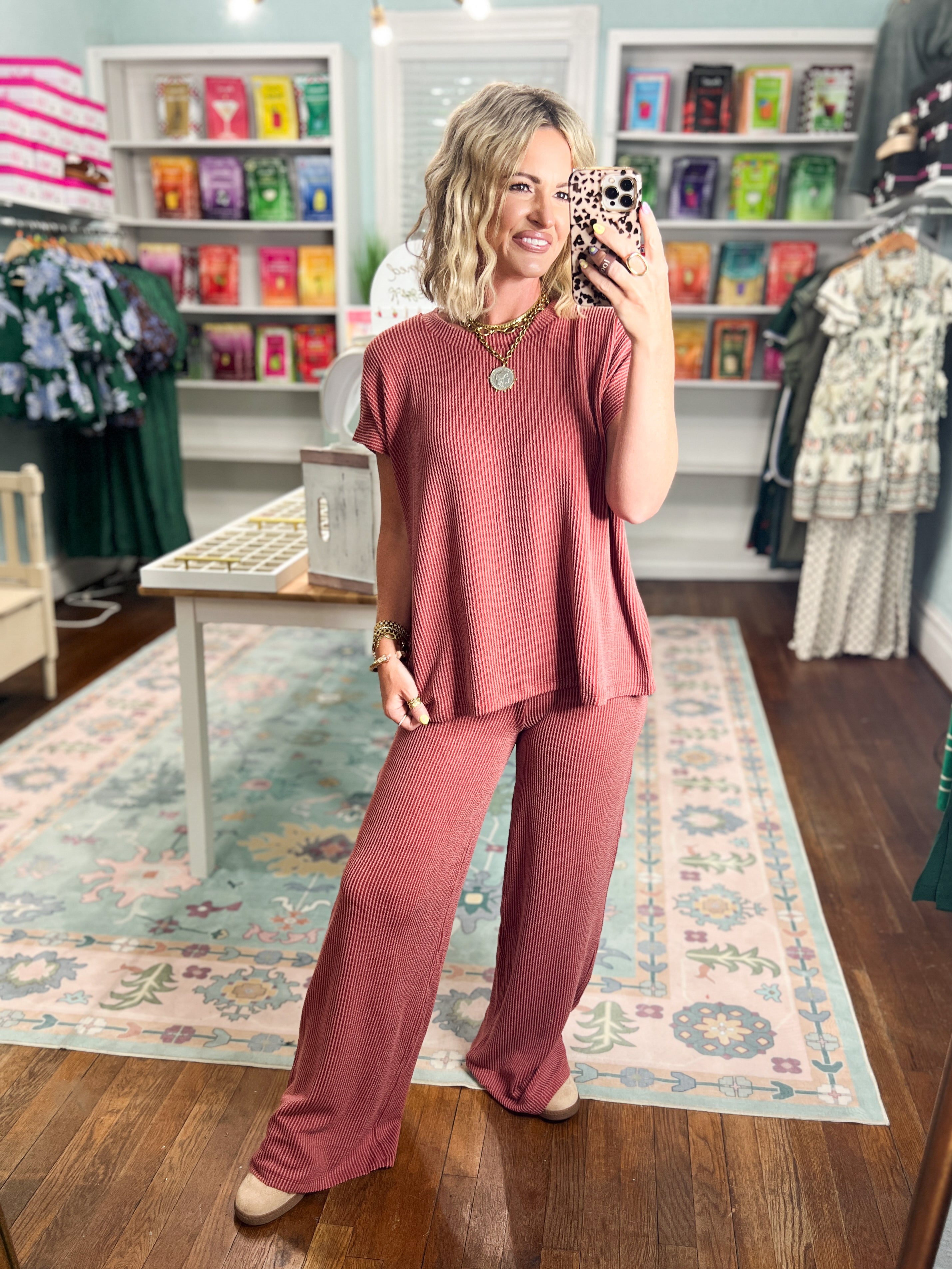 All Day Ease Ribbed Top and Pants Set - Rust