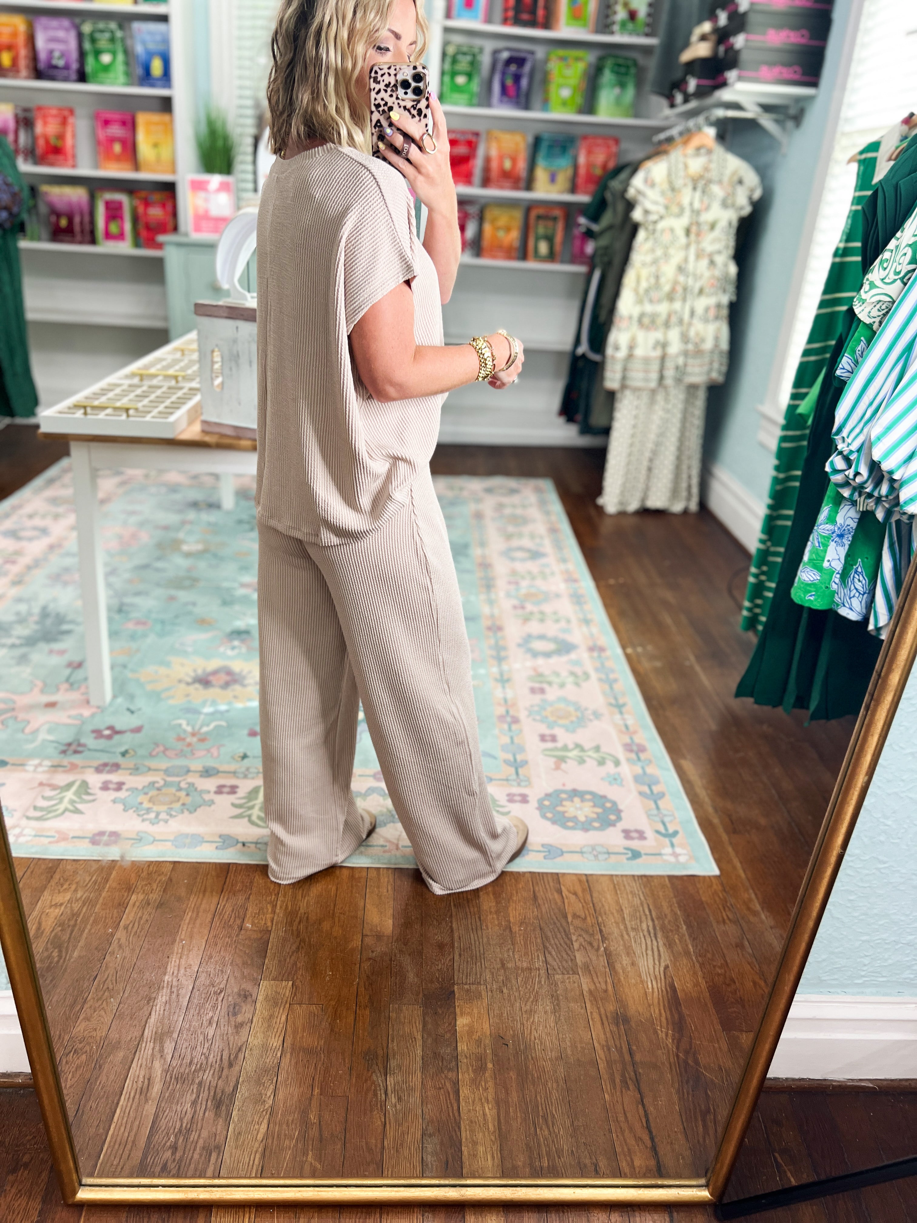 All Day Ease Ribbed Top and Pants Set - Deep Camel