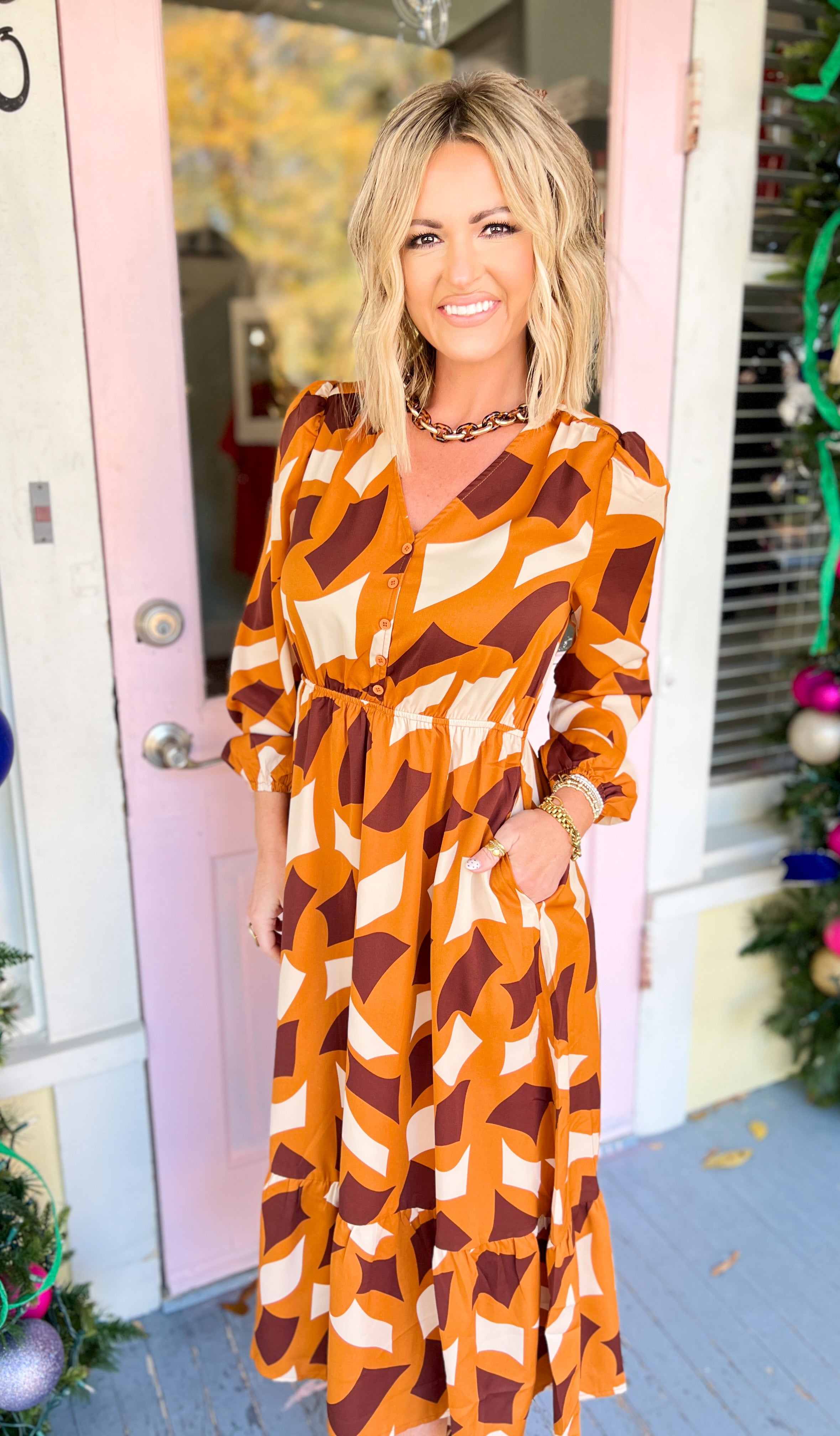 Mirror Image Midi Dress - Caramel