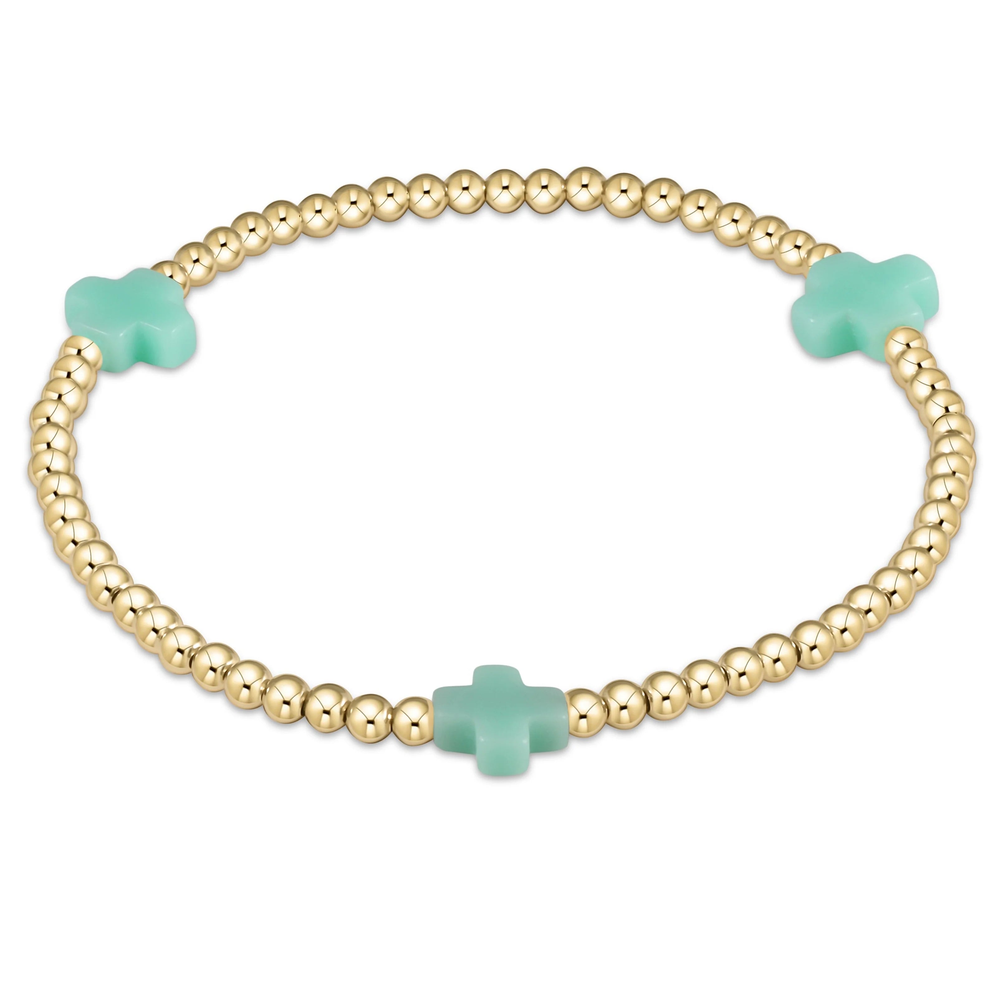 Gold beaded bracelet with mint cross charms, 3mm link style