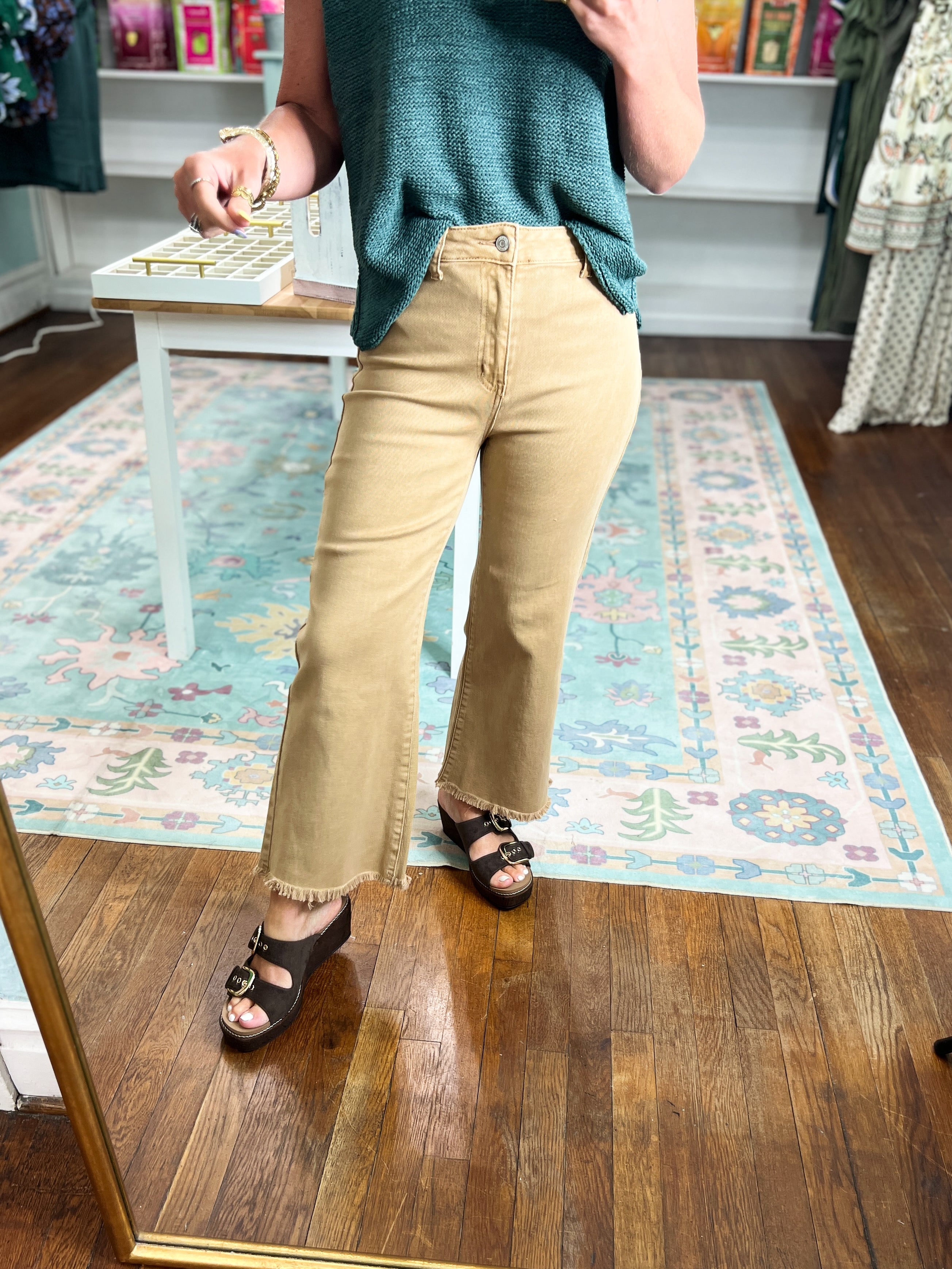 So Delightful Frayed Hem Straight Pants- Camel