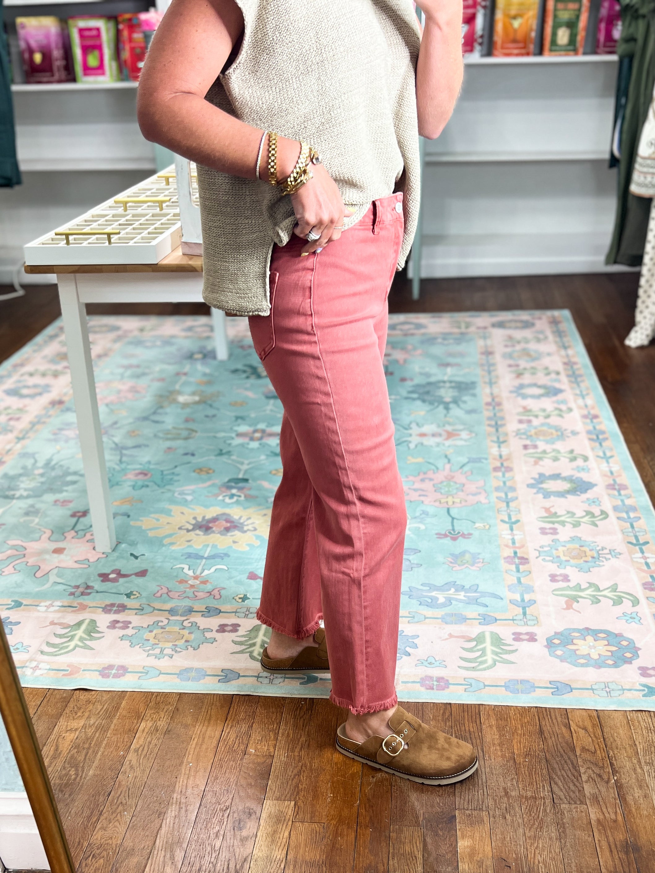 So Delightful Frayed Hem Straight Pants- Cabernet