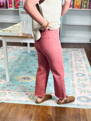 So Delightful Frayed Hem Straight Pants- Cabernet