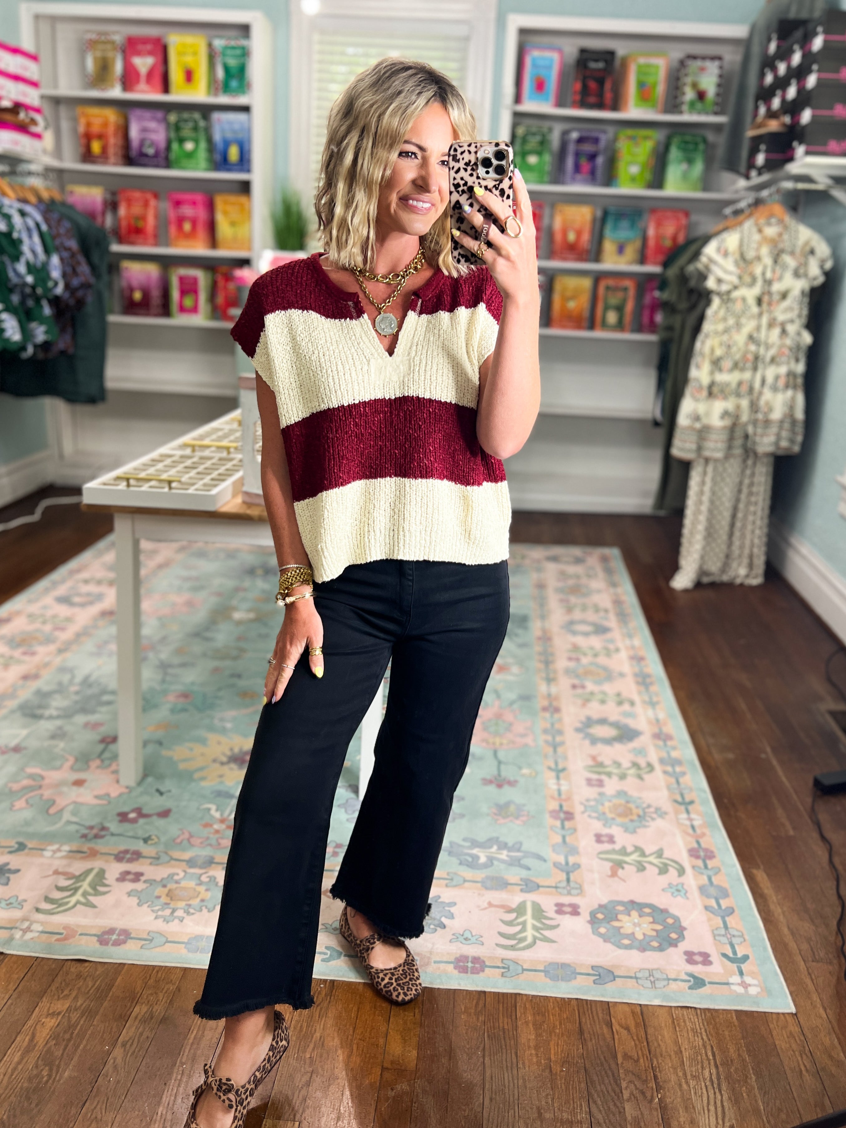 On The Rise Stripe Sleeveless Sweater - Cabernet