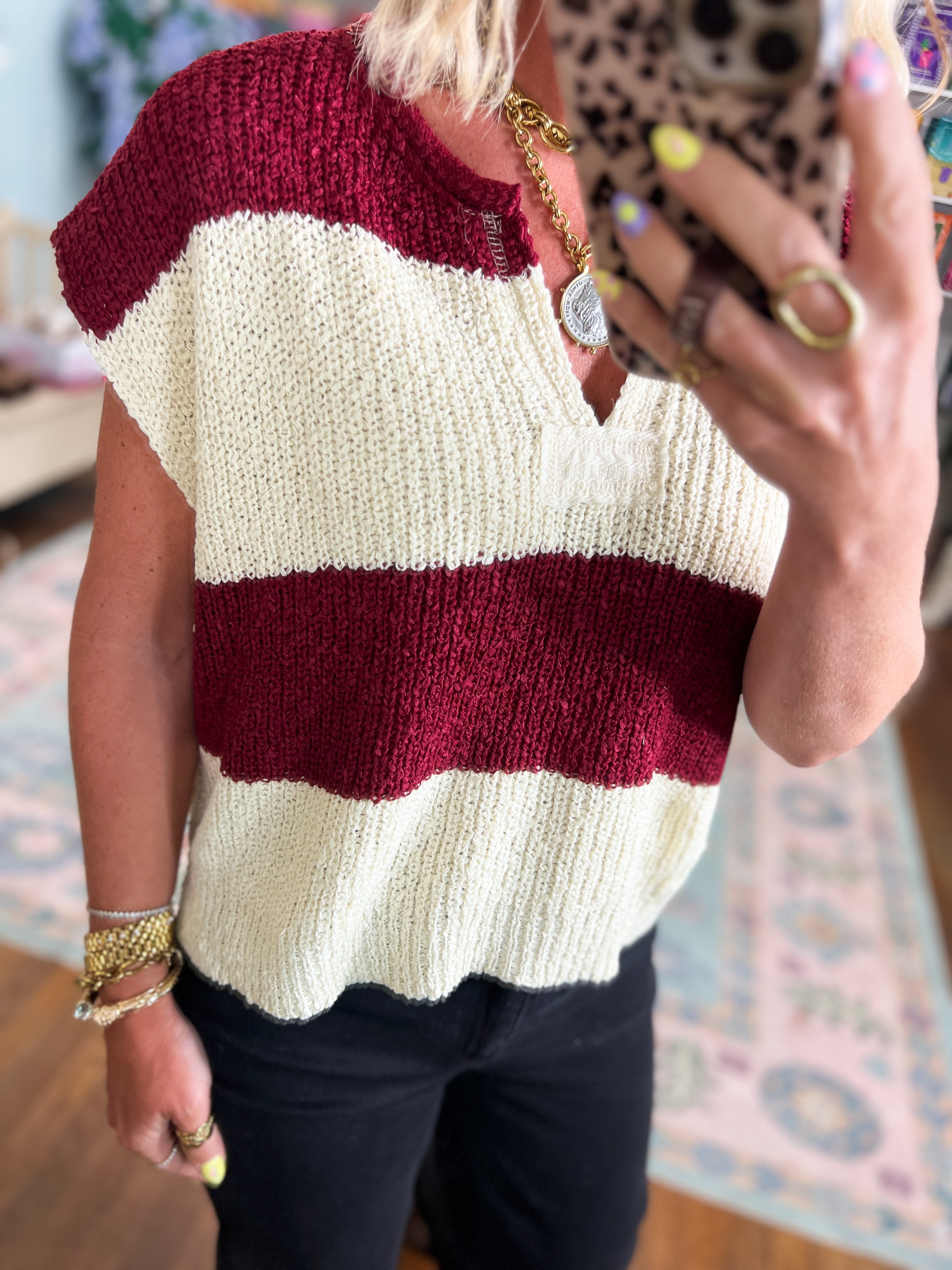 On The Rise Stripe Sleeveless Sweater - Cabernet