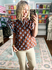 Dress To Impress Flutter Sleeve Blouse - Brown