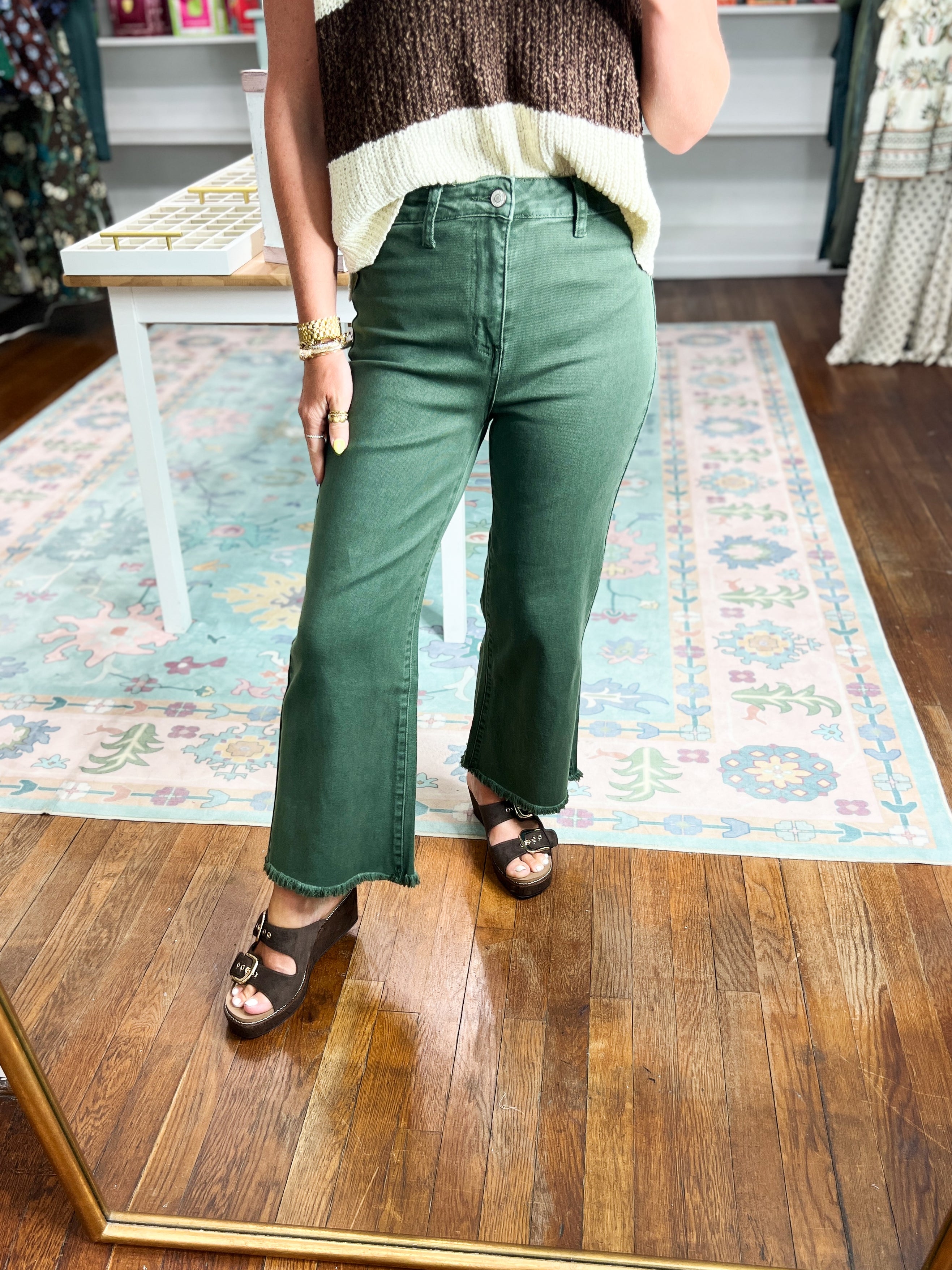 So Delightful Frayed Hem Straight Pants- Dk Olive