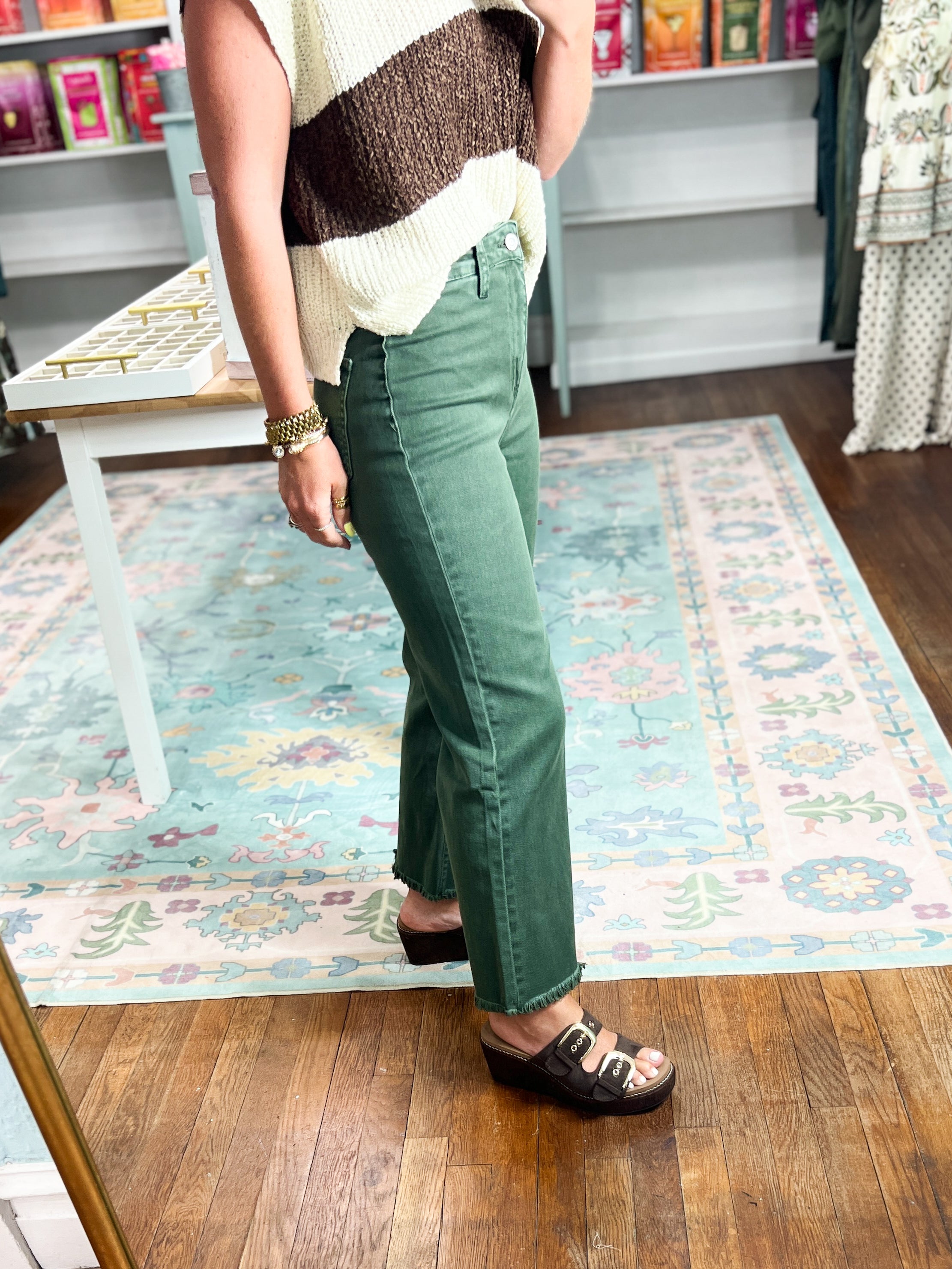 So Delightful Frayed Hem Straight Pants- Dk Olive