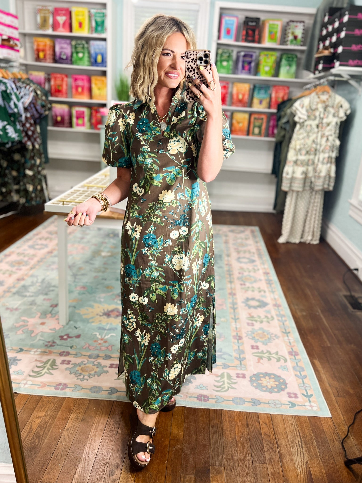 Autumn Muse Floral Midi Dress -Brown
