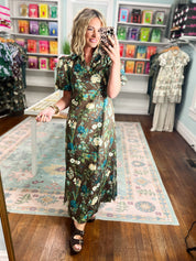 Autumn Muse Floral Midi Dress -Brown