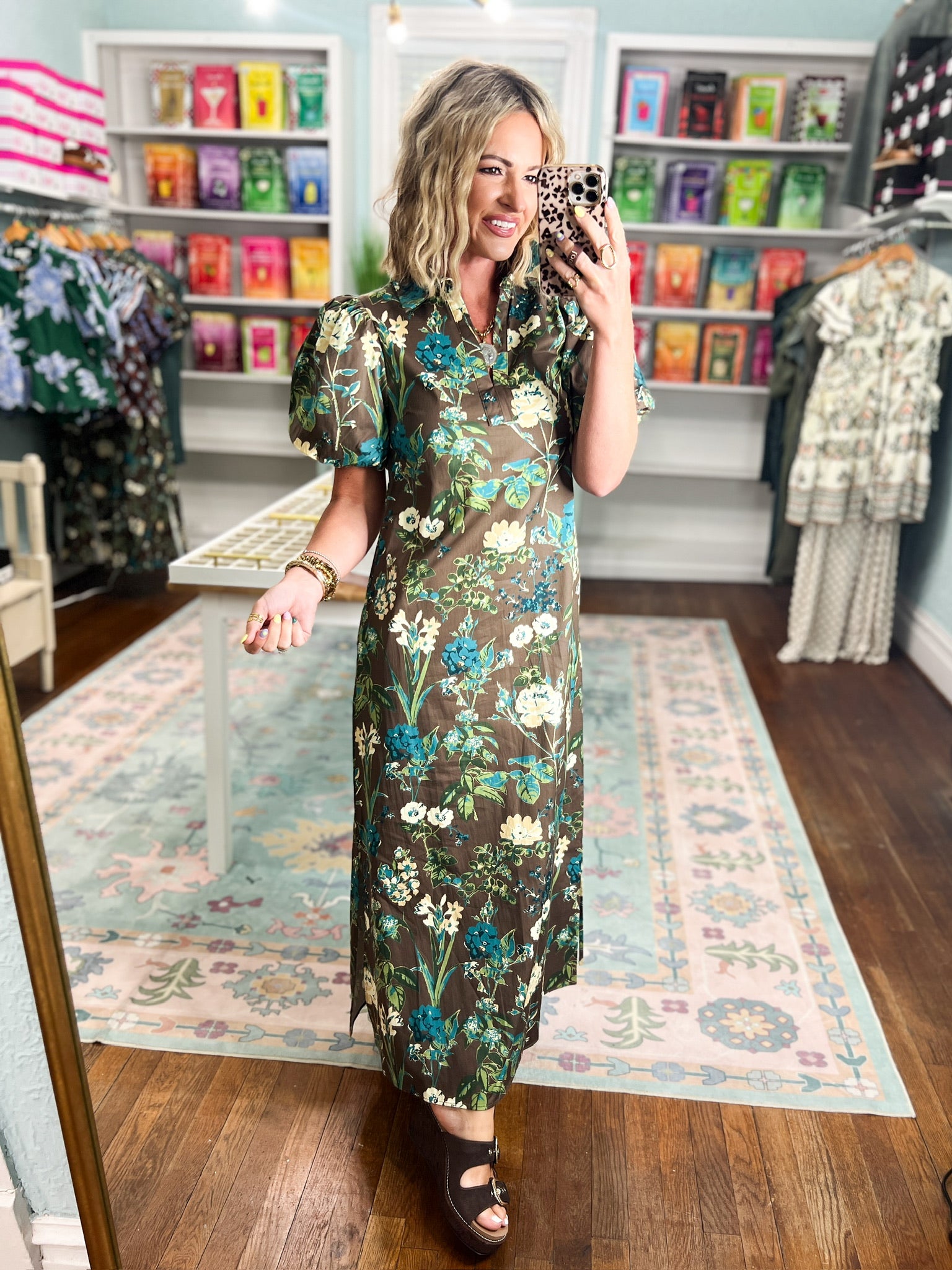 Autumn Muse Floral Midi Dress -Brown