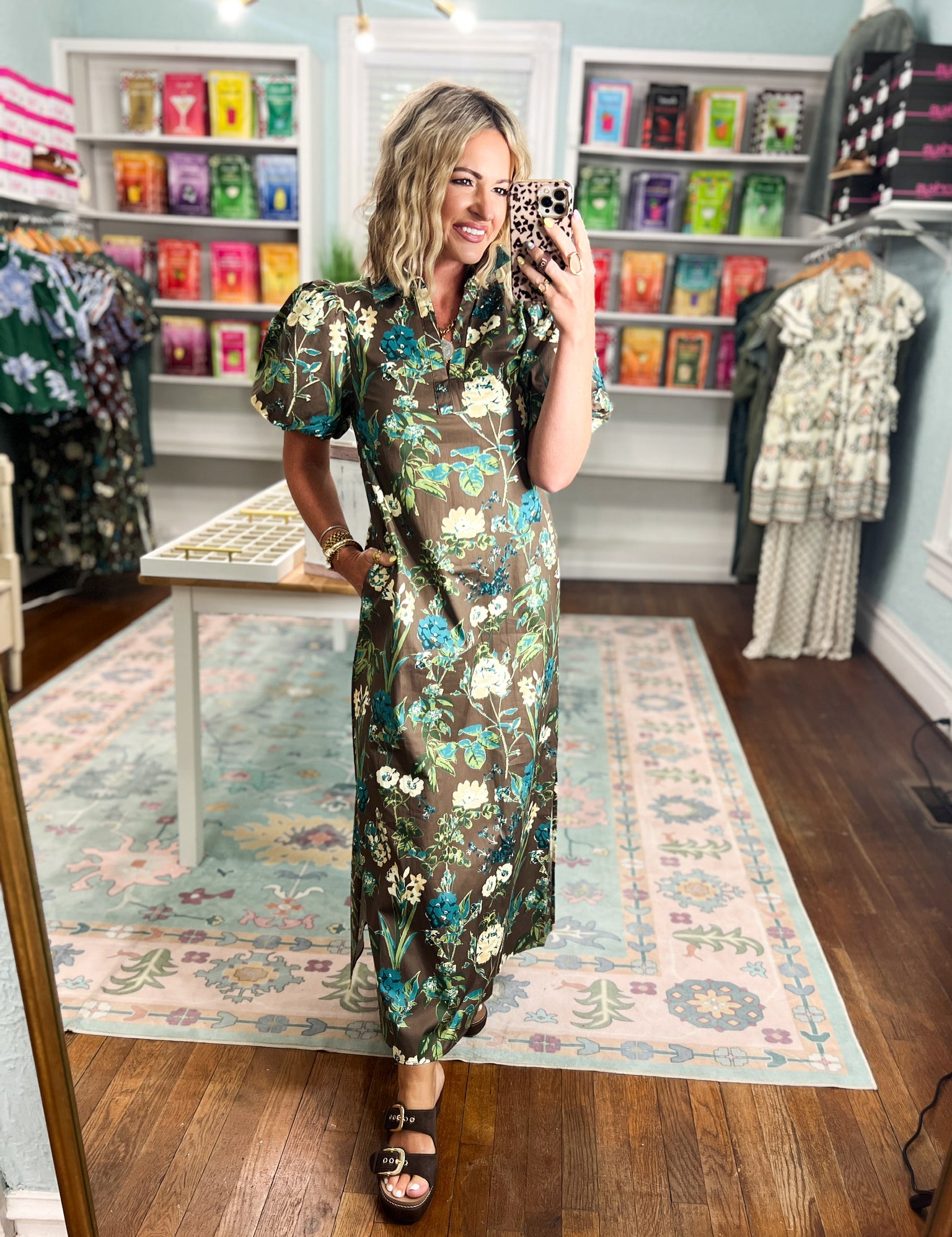 Brown floral midi dress with V-neck and short puff sleeves
