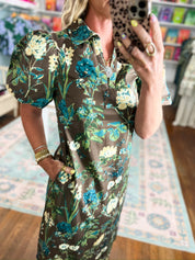 Autumn Muse Floral Midi Dress -Brown