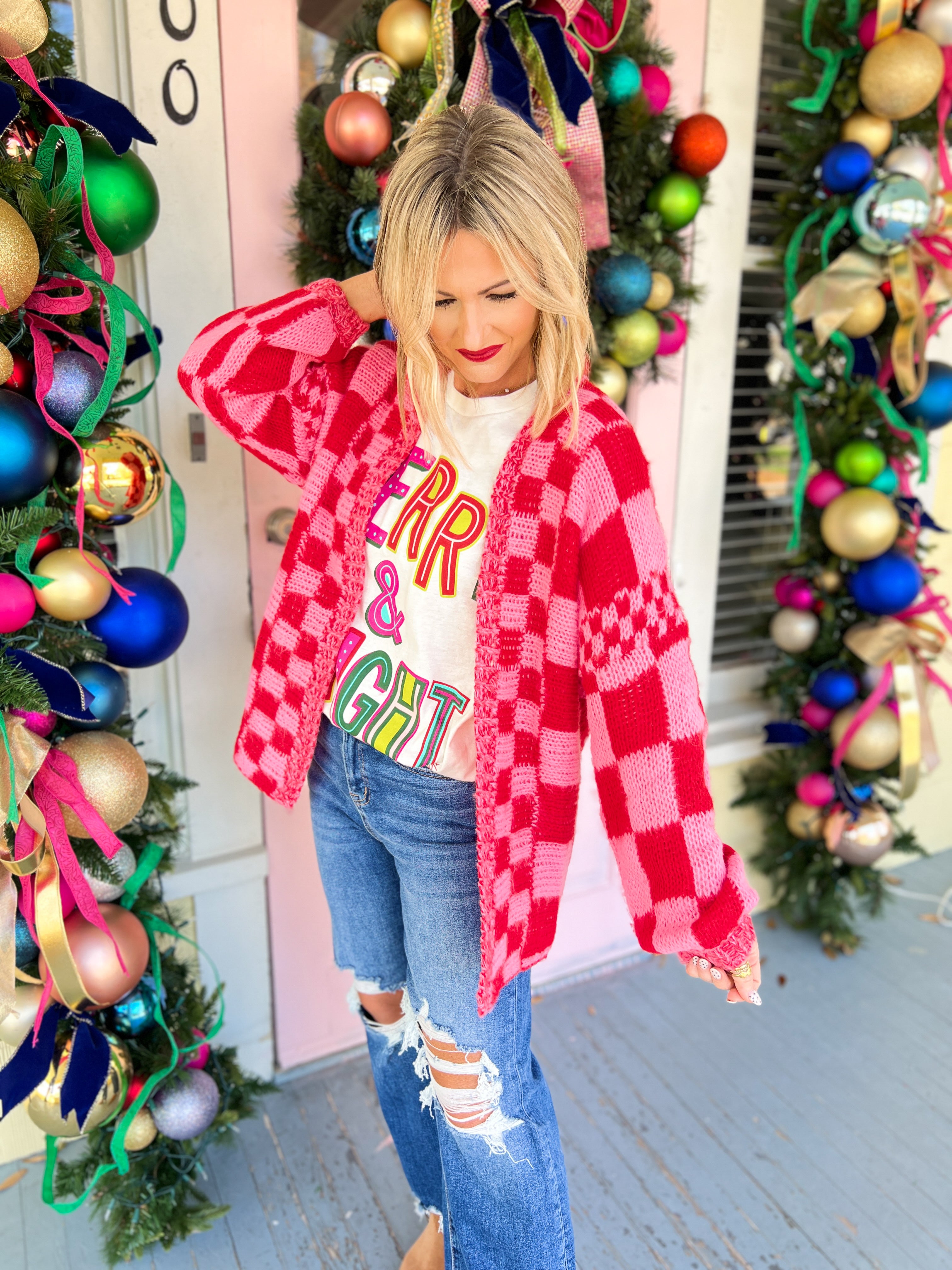 Bistro Cozy Checkered Cardigan