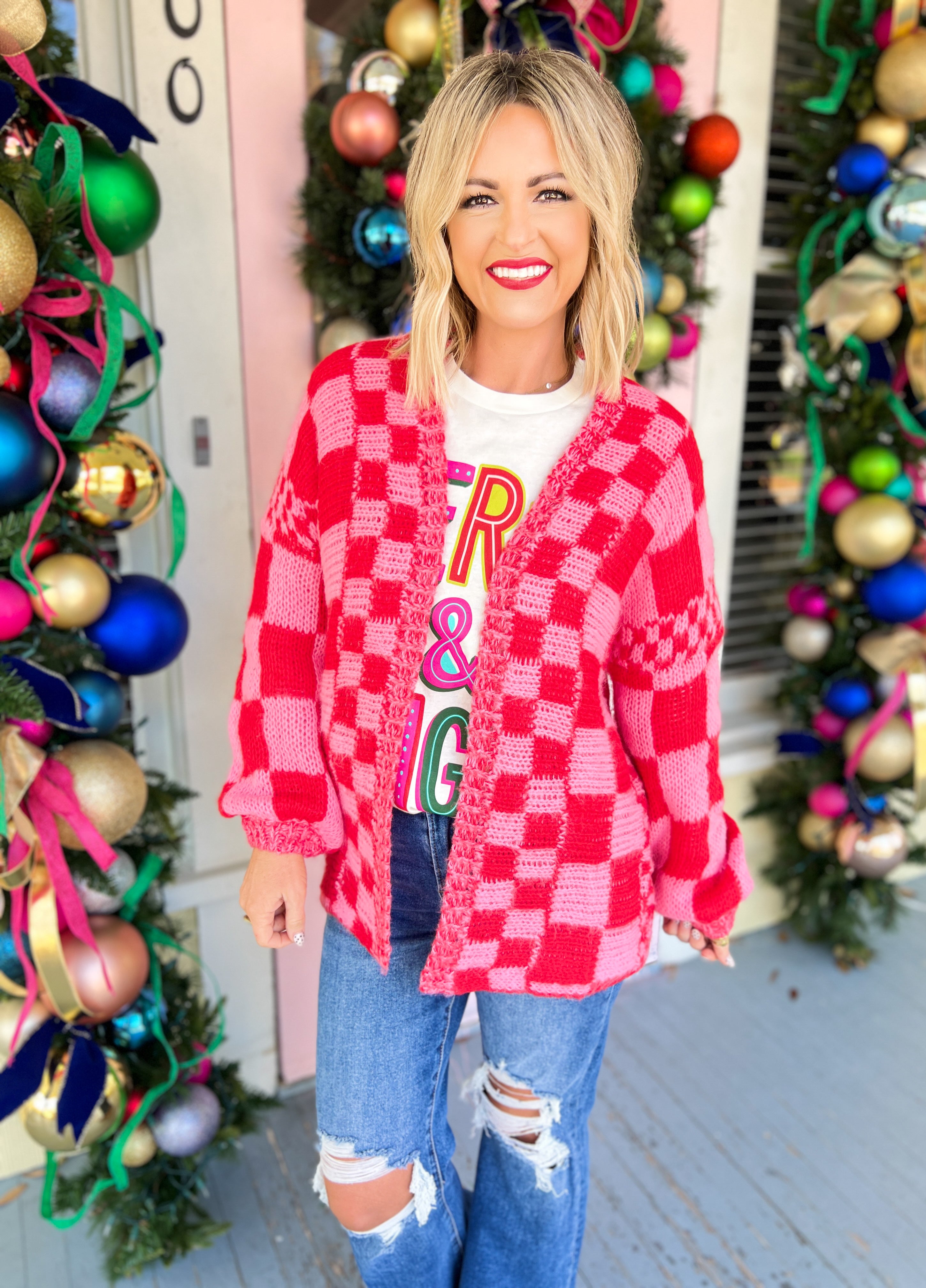 Bistro Cozy Checkered Cardigan