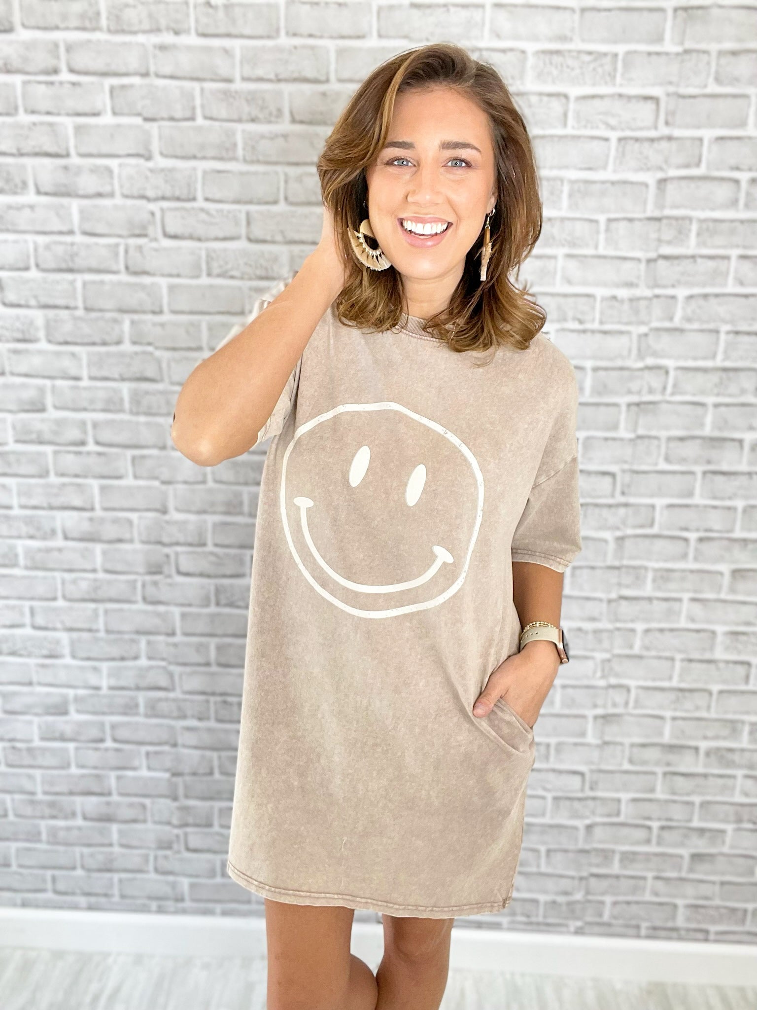 A Reason To Smile T-Shirt Dress - Mushroom