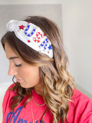 Patriotic "USA" Beaded Headband - White