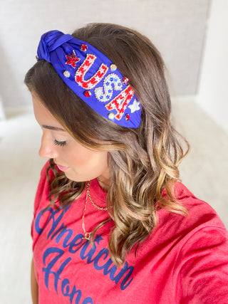 Patriotic "USA" Beaded Headband - Royal Blue