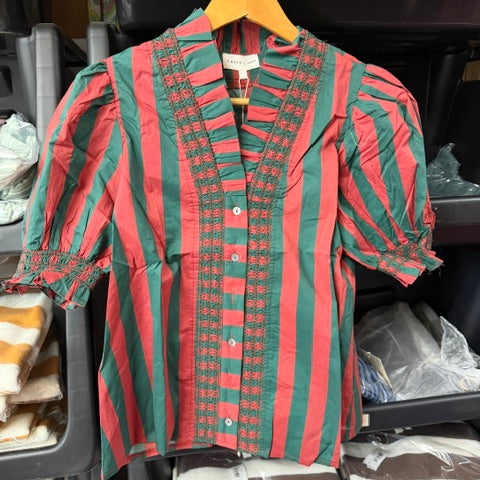 Green and red vertical striped V-neck blouse top with embroidered placket and long sleeves