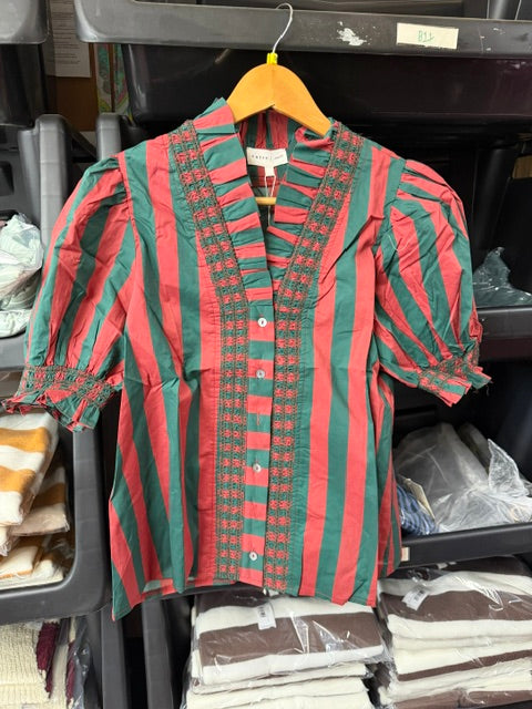 Green and red vertical striped V-neck blouse top with embroidered placket and long sleeves