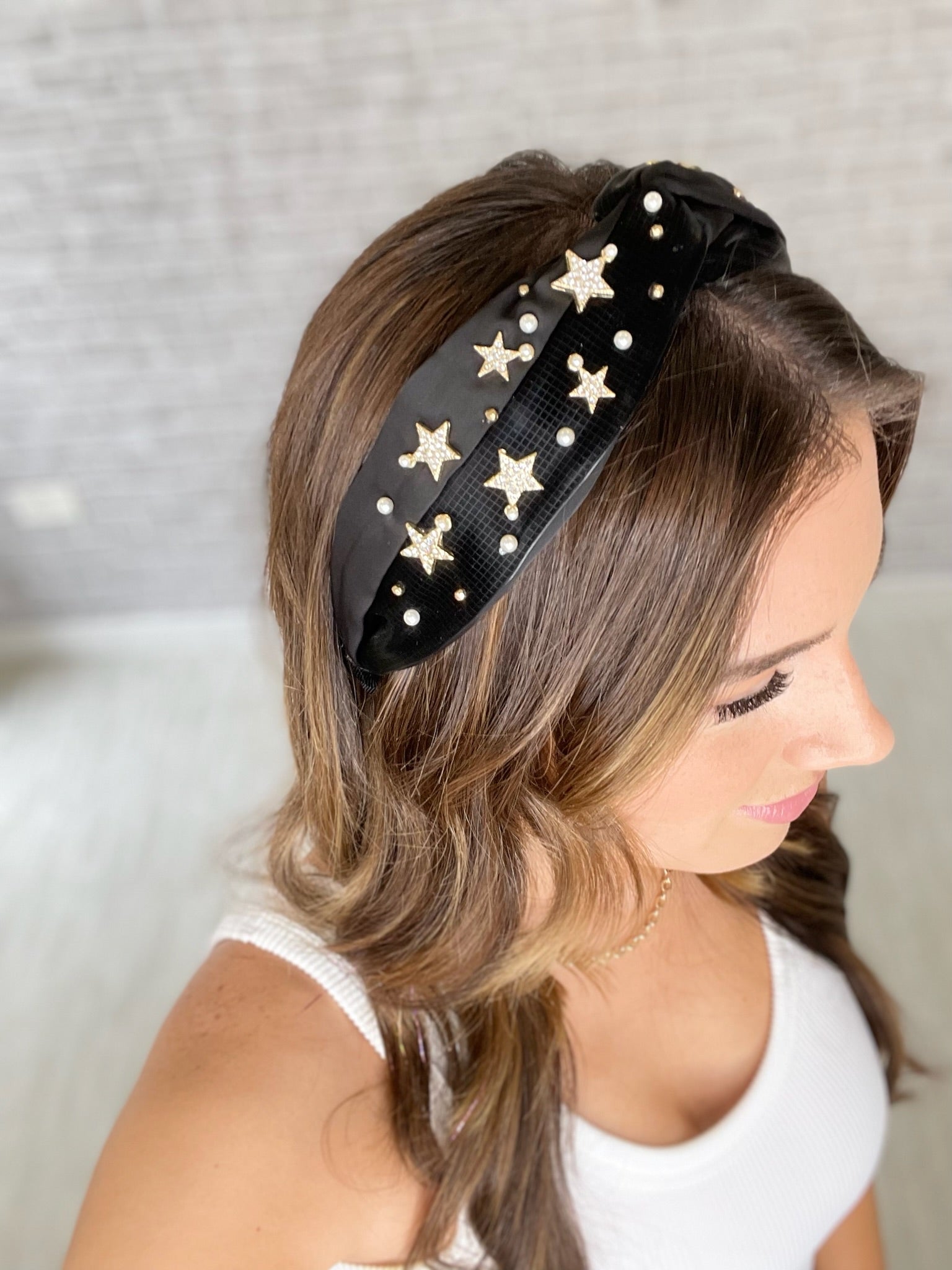 Paved Star & Pearl Headband - Black