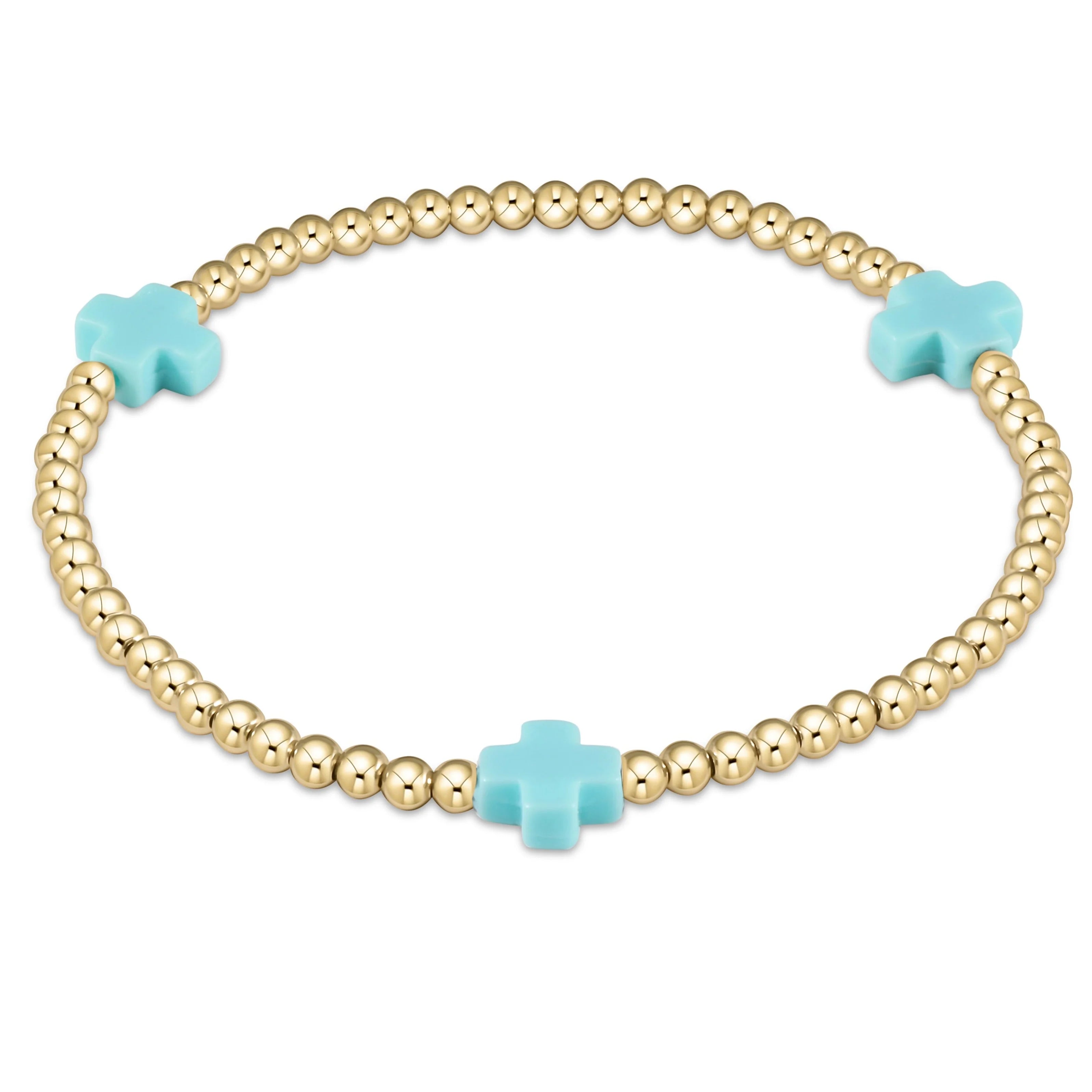 Gold beaded bracelet with three turquoise cross charms, 3mm beads