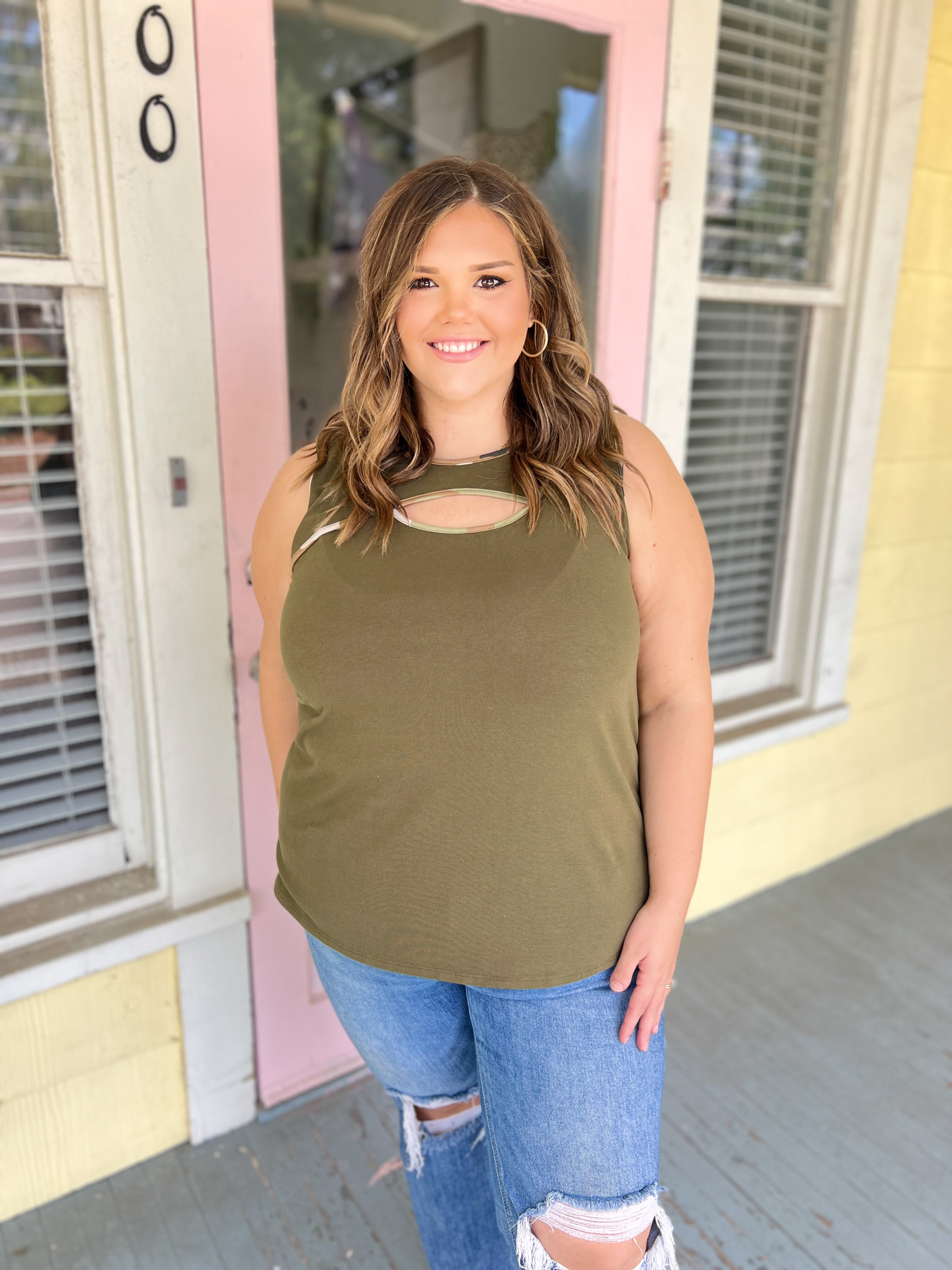 A Great Escape Sleeveless Camo Top