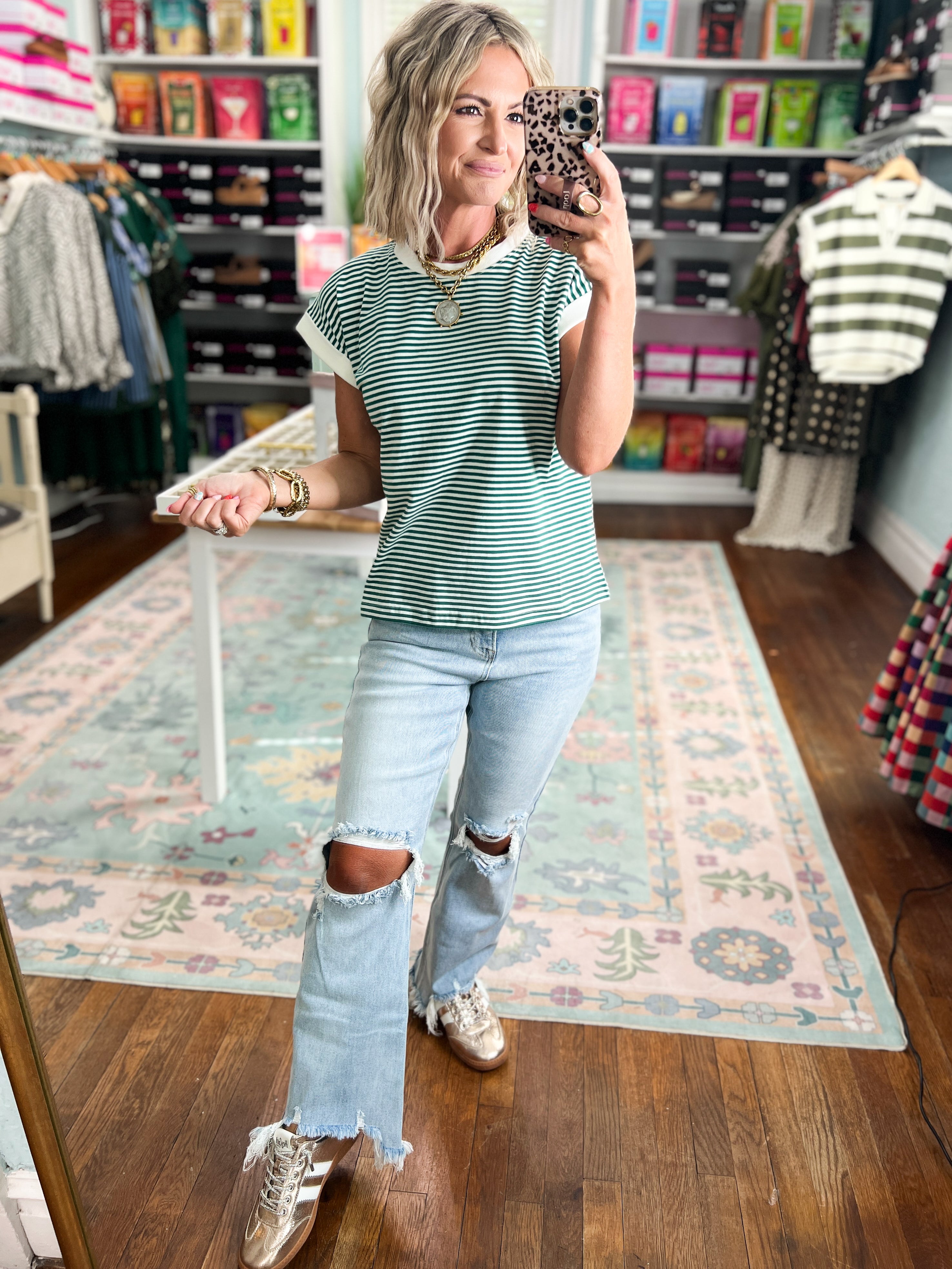 Hunter green and white striped short-sleeve crew-neck top, relaxed fit