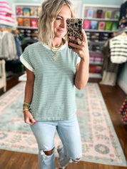 Hunter green and white striped short-sleeve crew-neck top, front view