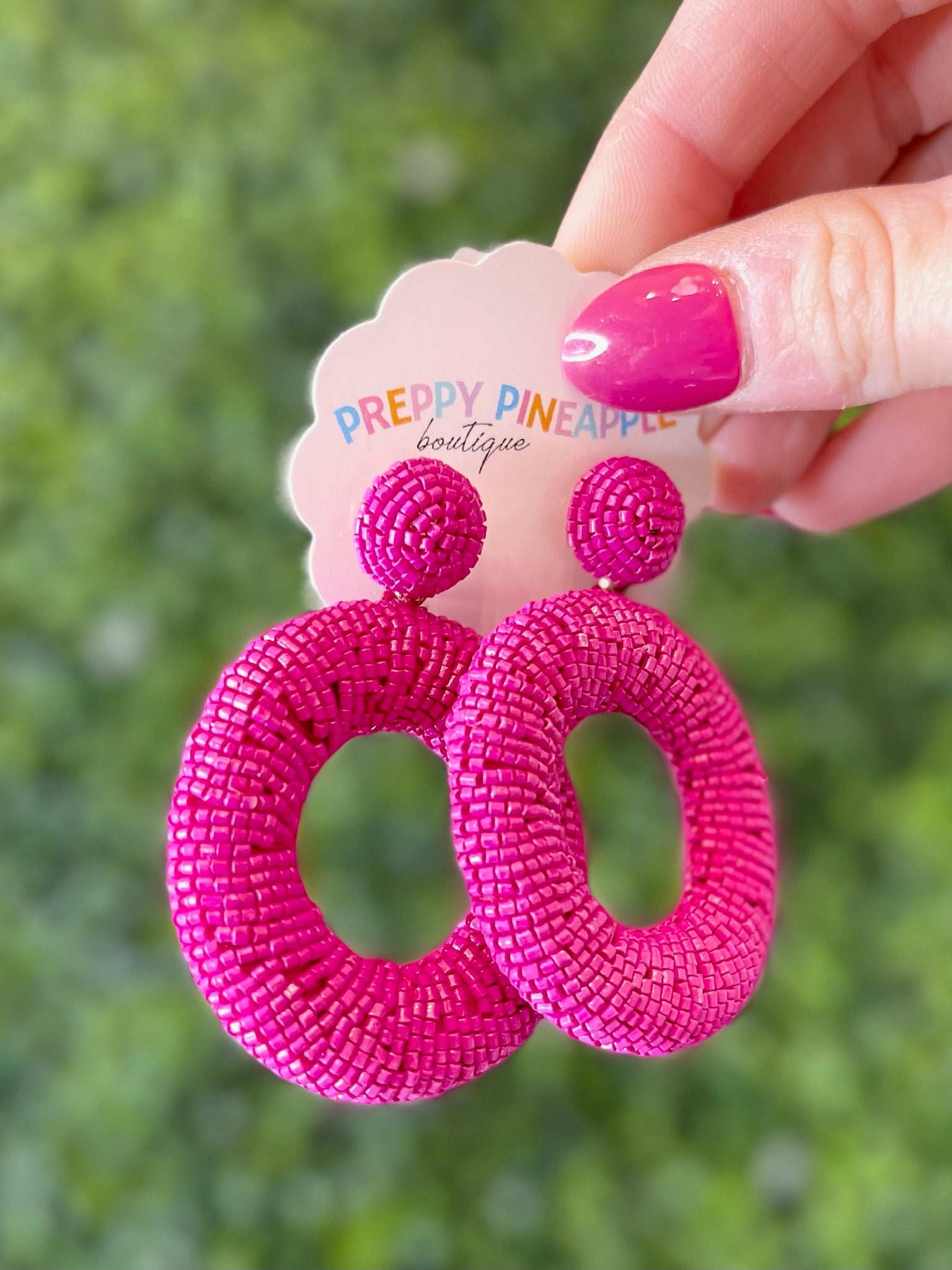 Beaded Circle Dangle Earrings - Fuchsia