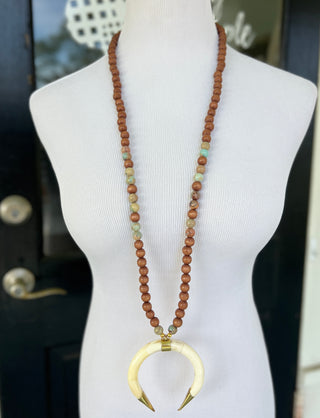 PPB Handmade Horn Necklace - Wood Beads with Picture Jasper Stones