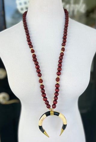 PPB Handmade Horn Necklace - Burgundy Wood and Gold Beads