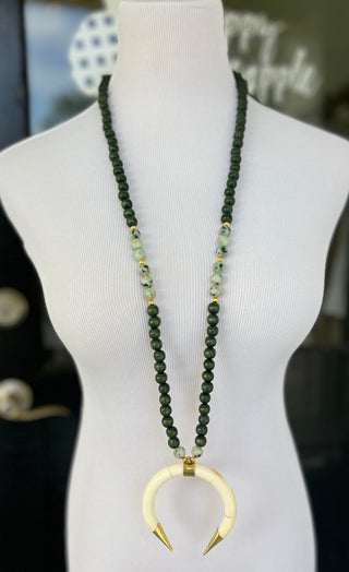 PPB Handmade Horn Necklace - Green Wood Bead with Kiwi Stones