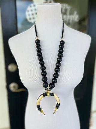 PPB Handmade Horn Necklace - Large Black Beads with Adjustable Tie