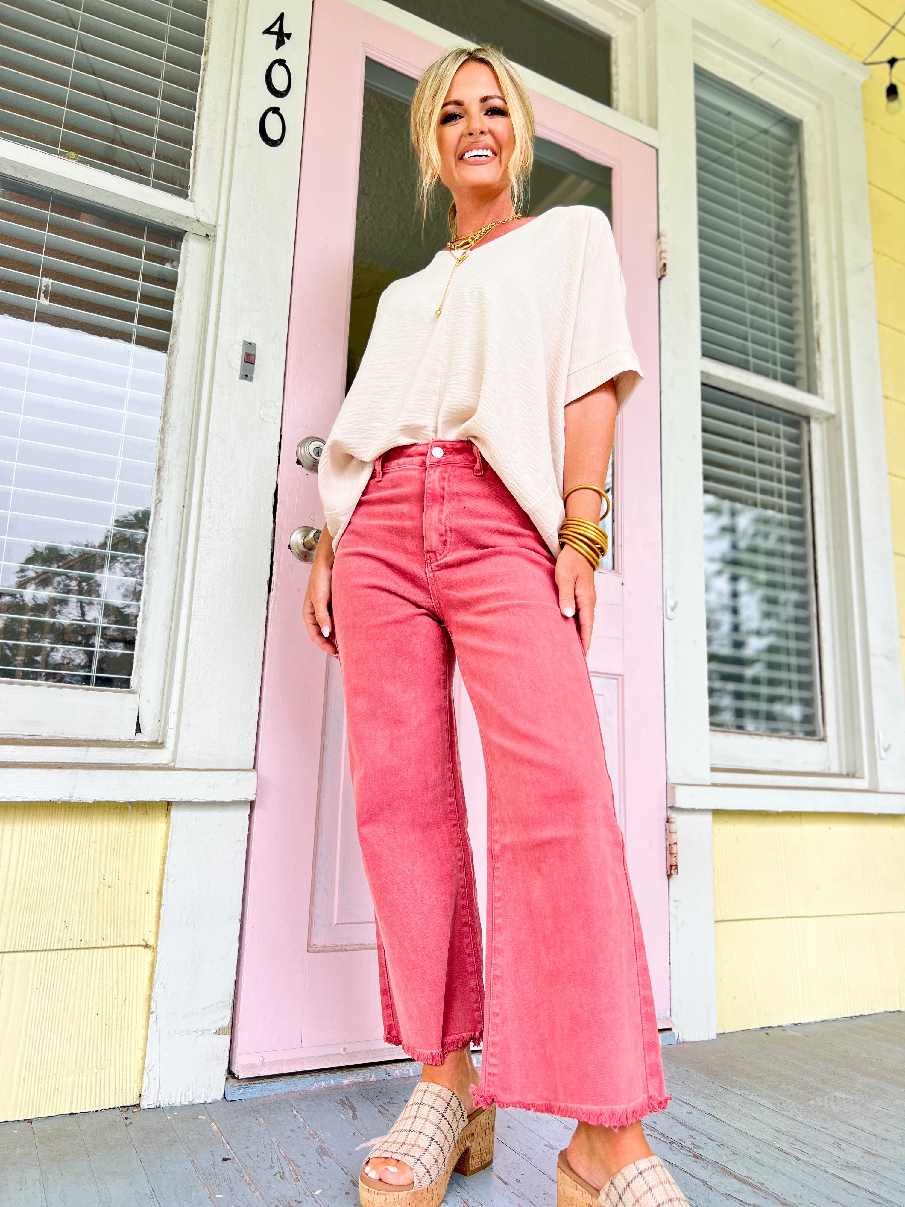 So Delightful Frayed Hem Straight Pants- Cabernet