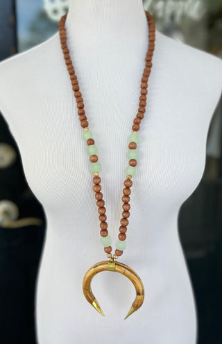PPB Handmade Horn Necklace - Wood Beads with Sea Glass