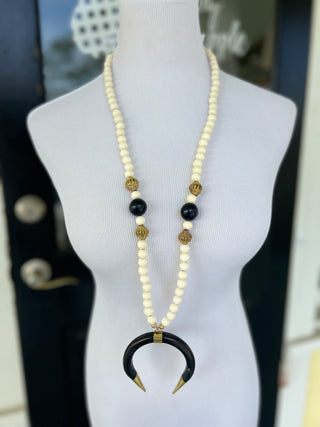PPB Handmade Horn Necklace - Cream Wood Beads with Egyptian Beads