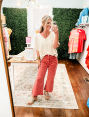 So Delightful Frayed Hem Straight Pants- Cabernet