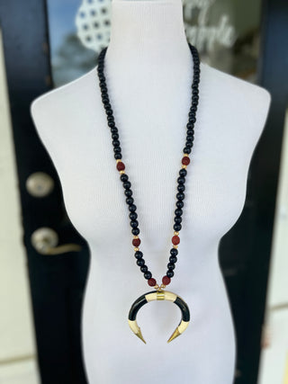 PPB Handmade Horn Necklace - Black Wood Beads with Burgundy Accents