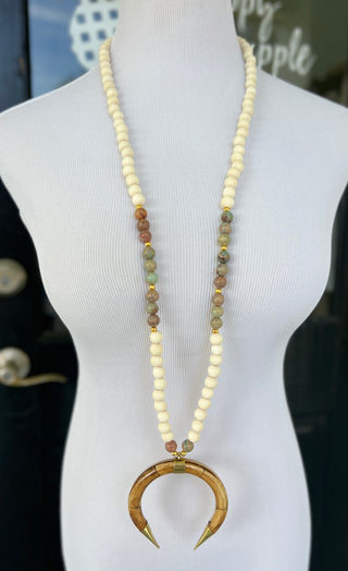 PPB Handmade Horn Necklace - Cream Wood Beads with Picture Jasper
