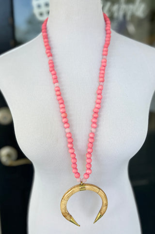 PPB Handmade Horn Necklace - Pink Wood Beads with Seaglass