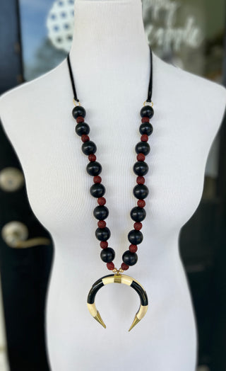 PPB Handmade Horn Necklace - Large Black Beads with Burgundy Stones