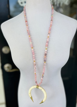 PPB Handmade Horn Necklace - Rose Quartz Beads with Cream Horn